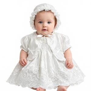 Vintage Baby Baptism Christening Dress Set – Lace Dress, Jacket & Bonnet – White